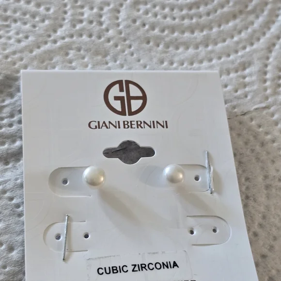Giani Bernini Sterling Silver Cubic Zirconia Stud Pearl Earrings New - Picture 3 of 6